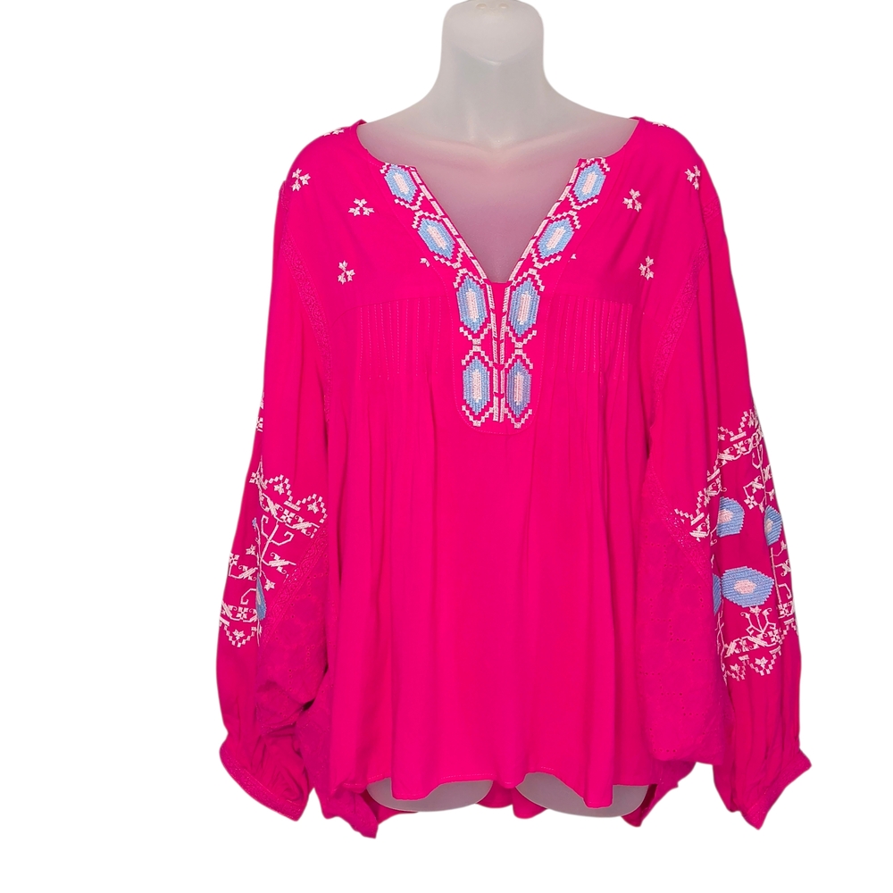 Easel Large V-Neck Vibrant Pink Embroidered Batwing Sleeve Women's Blouse Boho